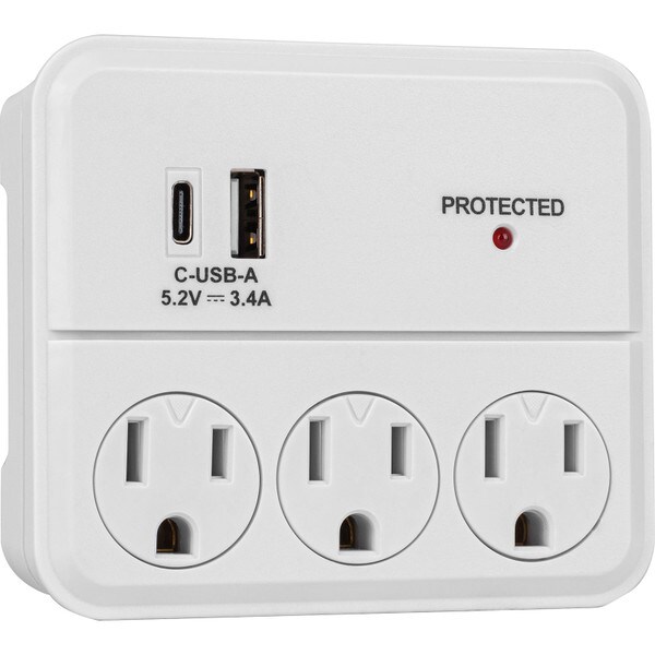 Main product image for RCA 3 Outlet AC Wall Tap with 1 USB-A port and 1 USB-C port 3.4A125-453